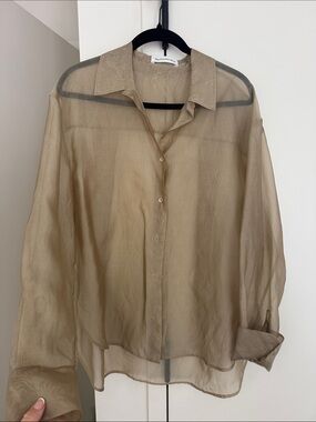 THE FRANKIE SHOP Sheer Button-Up Blouse in Taupe
